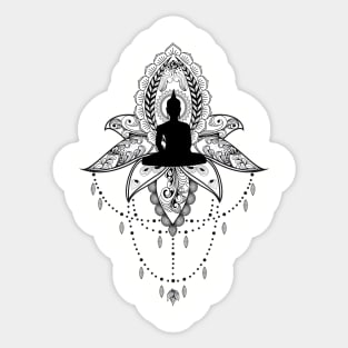 Wonderful lotus with buddha, black and white, zentangle Sticker